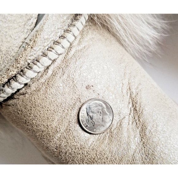 MOU Tall Winter Boots Stone Metallic Sheepskin Fur Trim Lace Up Sz 36 XS US 5 - Picture 11 of 13